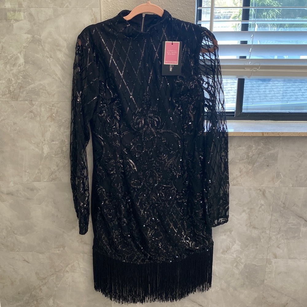 PrettyLittleThing Black Long Sleeve Sequin Fringe Mini Dress